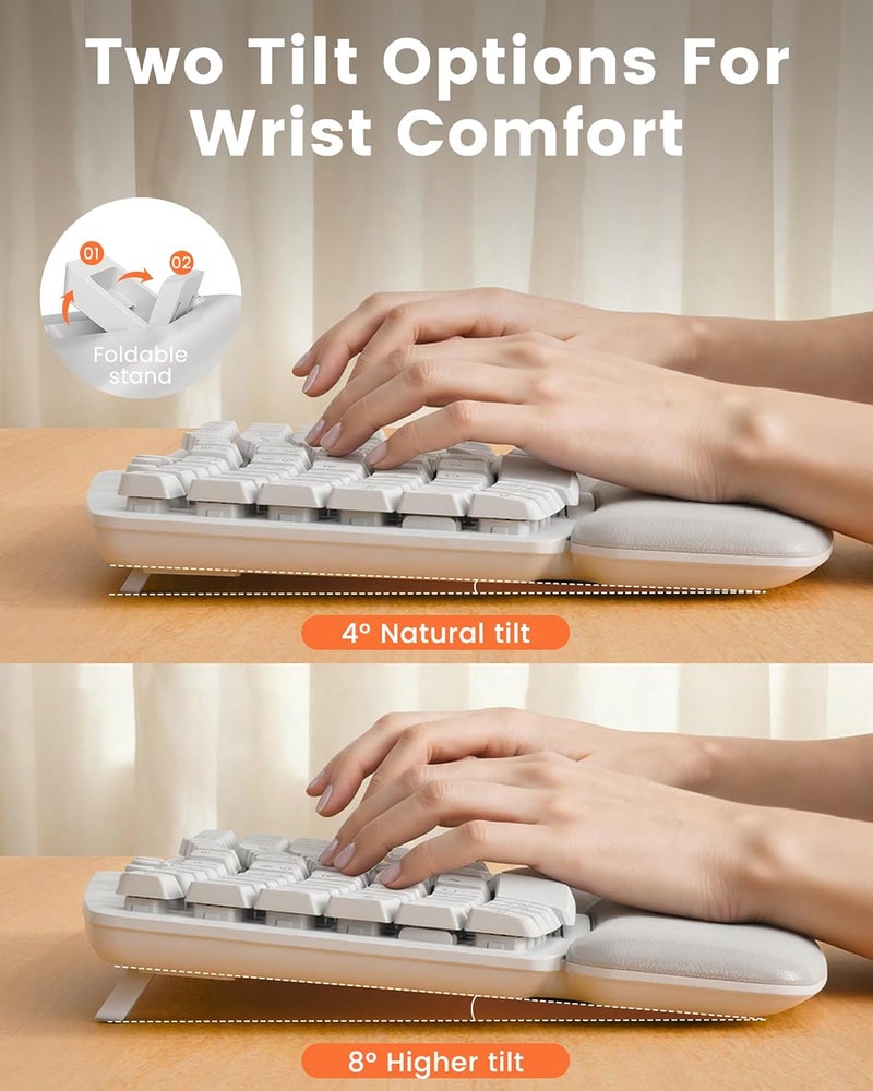 SABLUTE White Wireless Keyboard and Mouse Combo for MacBook & Windows, 30dB Quiet Ergonomic Keyboard Set with Wave Keys & Soft Palm Rest, Silent Typing, Dual-System Switch, Ideal for Home Office— - Image 4